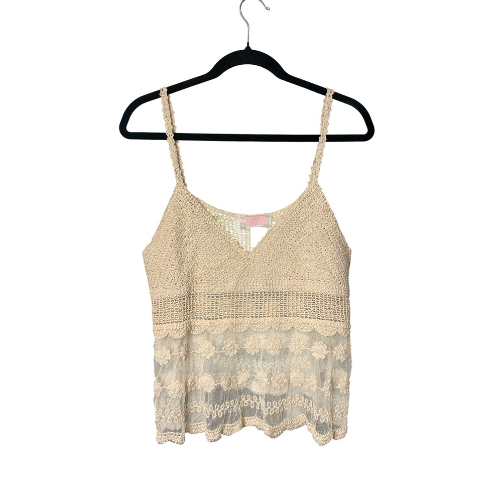 C+D+M Collection Crochet Lace Mesh Boho Cami Tank Top Beige Medium